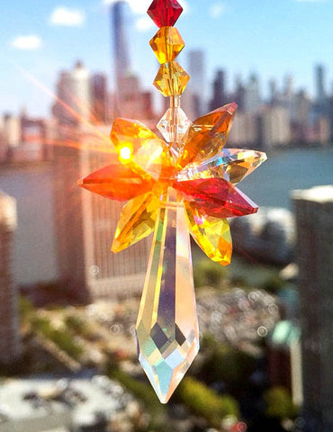 Crystal Suncatcher Glass Ornament Window Suncatcher Icicle Prism Topaz Yellow Red Fall Colors Decorative Glass Accent