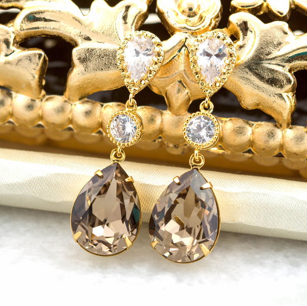 Brown Earrings Gift for Her Gold Earrings Bridesmaid Earrings Long Earrings Bridesmaid Gift  Earring Crystal Earrings GB31PC