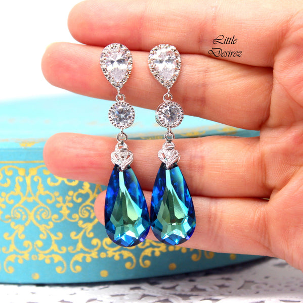 Blue Bridal Earrings and Necklace Set Bermuda Blue Jewelry Sparkly Wedding Jewelry Bridesmaid Jewelry Set Teal Blue Green BB33JS