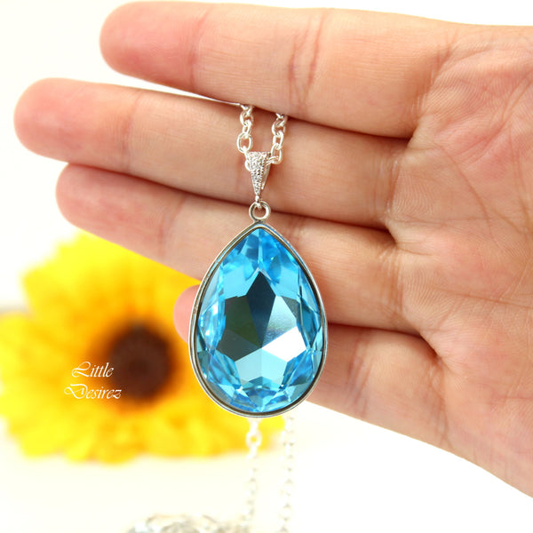 Blue Necklace Aquamarine Necklace Light Blue Pendant Blue Crystal Necklace Large Teardrop Pendant Bridesmaid Wedding Jewelry Blue Drop AQ42N