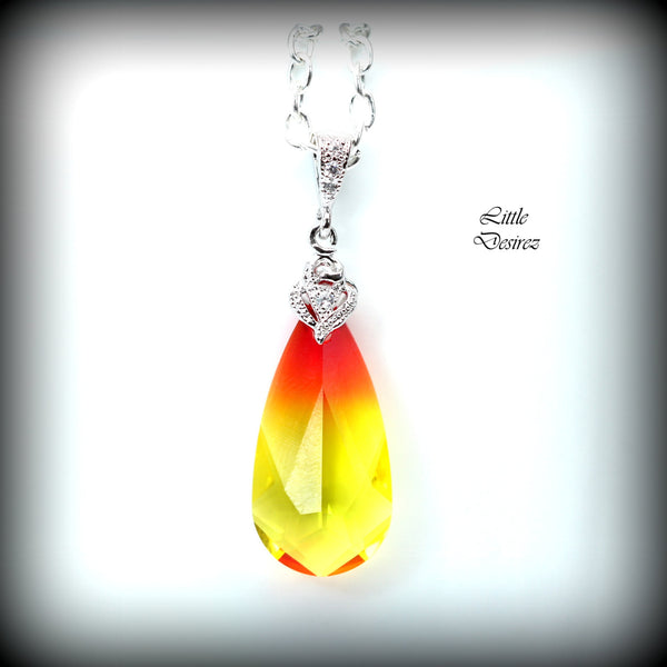 Yellow & Red Necklace Fire Opal Crystal Teardrop Pendant Bridal Necklace Bridesmaid Necklace Cubic Zirconia Yellow Jewelry FO33N