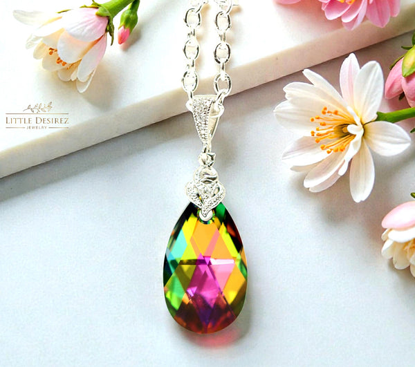 Vitrail Medium  Crystal Jewelry Bridesmaid Earrings & Necklace Set Pink Green Jewelry Fuchsia Emerald Green Cubic Zirconia VM32JS