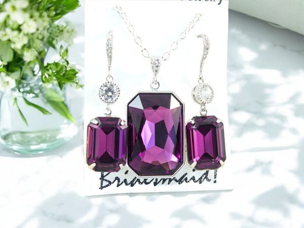 Purple Earrings and Necklace Set Purple Jewelry Set Amethyst Crystal and Rhinestone Jewelry AM41N