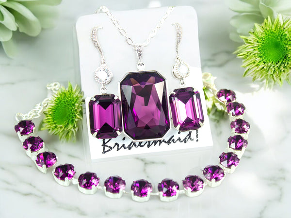 Purple Earrings and Necklace Set Purple Jewelry Set Amethyst Crystal and Rhinestone Jewelry AM41N