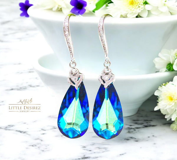 Bermuda Blue Earrings Peacock Earrings Blue Green Earrings  Crystal Blue Bridal Earrings Bridesmaid Earrings Vintage Style BB33H