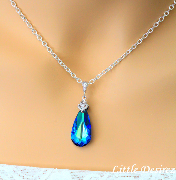 Blue Teardrop Swarovski Crystal Gold Necklace Peacock Jewelry BB33N