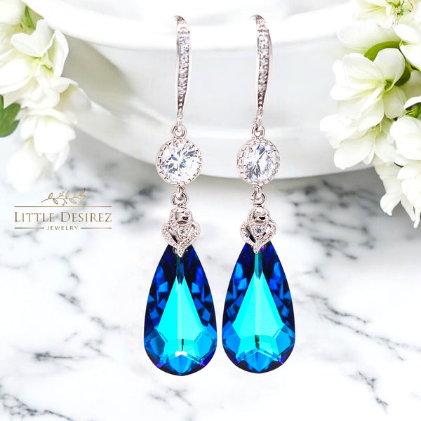 Bermuda Blue Crystal Earrings Peacock Jewelry Blue & Green Earrings Wedding Jewelry Bridal Sparkly Teardrop Earrings BB33HC