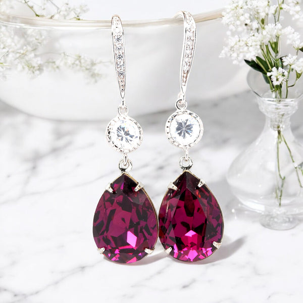 Purple Bridal Earrings Amethyst Earrings Plum Earrings  Teardrop Crystal Bridesmaid Earring February Birthstone Sparkly AM31HC