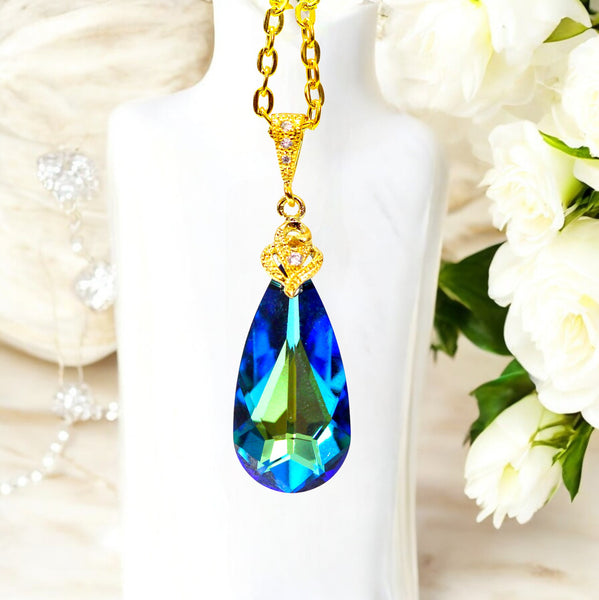 Blue Teardrop Swarovski Crystal Gold Necklace Peacock Jewelry BB33N
