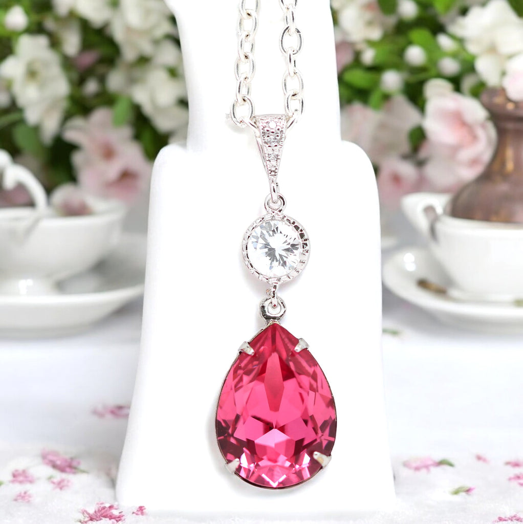 Pink Jewelry Set Hot Pink Earrings Necklace Austrian Crystal Rose