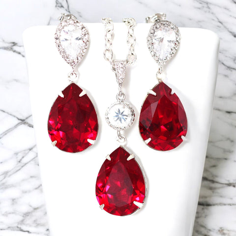 Red Earrings and Necklace Set  Crystal Earrings & Necklace Set Bridesmaid Gift Set Cubic Zirconia Dark Red Deep Red Crimson SI31JS