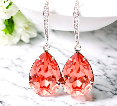 Coral Earrings Peach Bridal Earrings Rose Peach Stone Bridesmaid Earrings Coral Peach Beach Bridal Earrings Sterling Silver CO31H