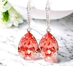 Coral Rose Peach Swarovski Crystal Earrings – Elegant Bridal Drop Earrings, Beach Wedding Jewelry, Handmade Gift for Bridesmaids