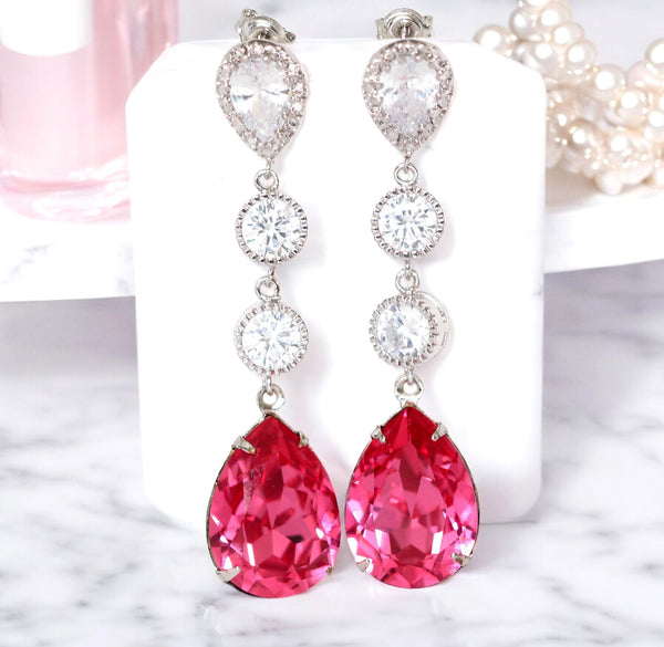 Pink Earrings Fuchsia Earrings Hot Pink Earrings Long Crystal Earrings Magenta Earrings Sparkly Pink Bridal Earrings RP31PCC