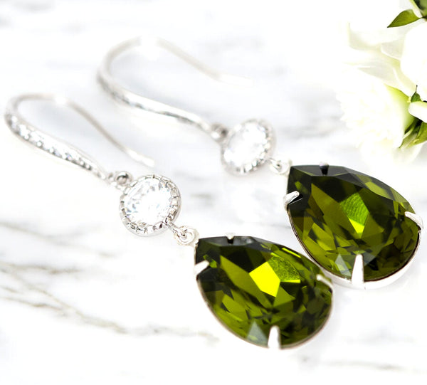 Green Necklace & Earrings Set  Jewelry Bridesmaid Jewelry Olive Green Jewelry Crystal Jewelry Cubic Zirconia Hypoallergenic OG31JS