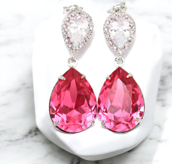 Pink Earrings Bridesmaid Earrings Crystal Earrings Bridal Earrings Rose Pink Earrings Bridesmaid Gift Magenta Fuchsia Dangle Earrings RP31P