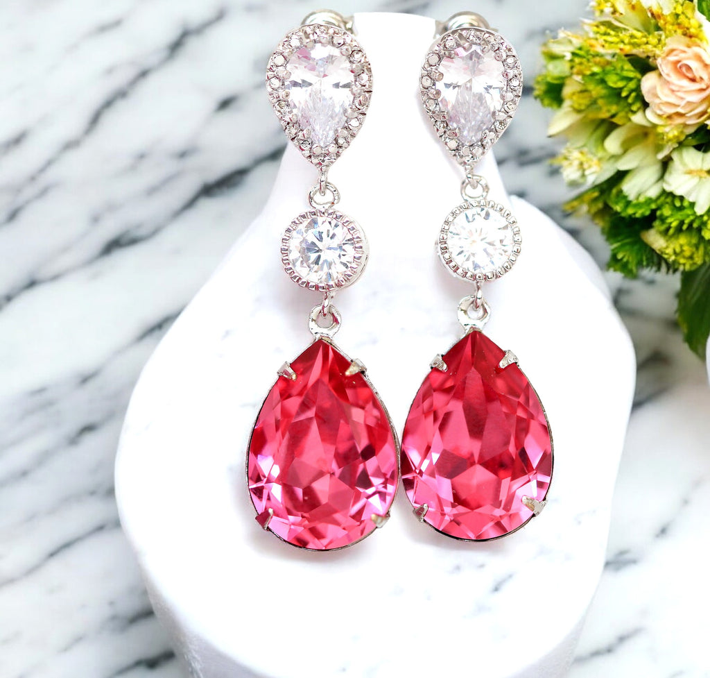 earrings for hot pink dress Pink Bridal Earrings Gold Earrings Fuchsia Earrings Hot Pink Earrings Stone Cubic Zirconia Bridesmaid Earrings Dark Pink RP31PC