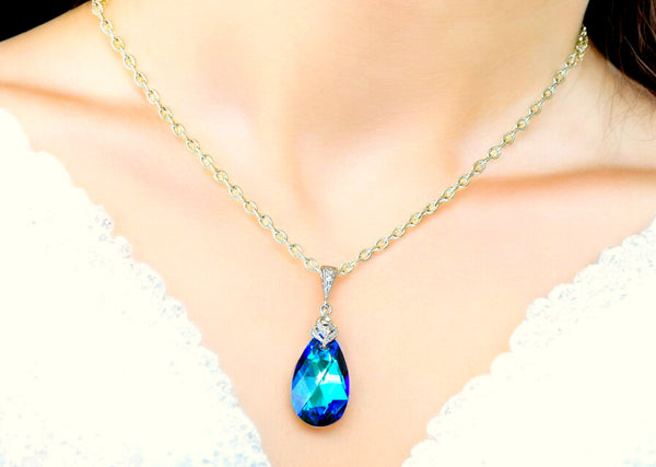 Bermuda Blue  Crystal Necklace Blue Necklace Bridal Necklace Bridesmaid Necklace Blue Bridal Pendant Teal Blue Necklace BB32N