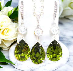 Green Necklace & Earrings Set  Jewelry Bridesmaid Jewelry Olive Green Jewelry Crystal Jewelry Cubic Zirconia Hypoallergenic OG31JS