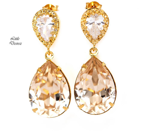 Champagne Earrings Gold Bridal Earrings Silk Earrings Gold Earrings Light Peach Teardrop Earrings Crystal Earrings Bridesmaid Gift CH31P