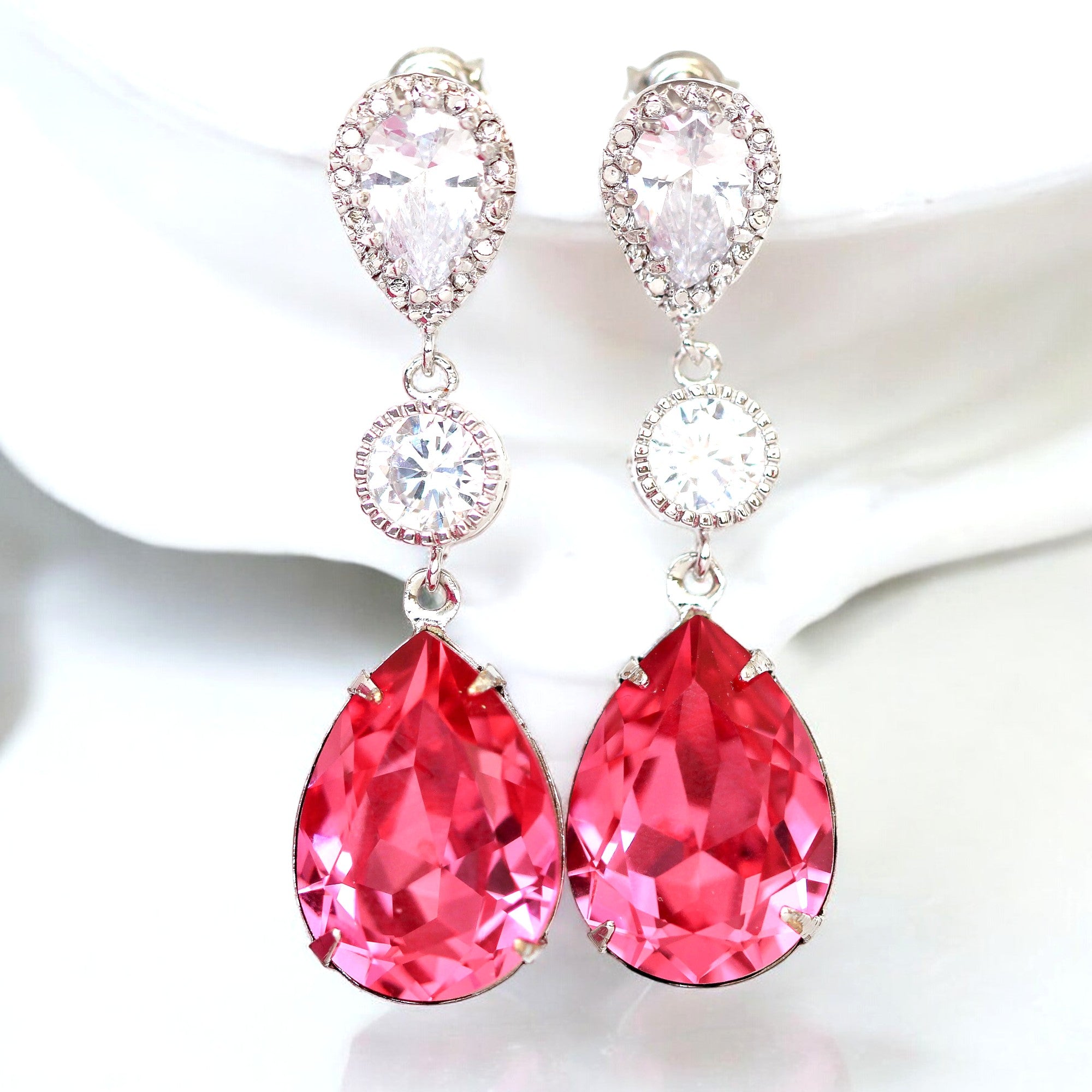Hot Pink Earrings Fuchsia Earrings Pear Crystal Bridal