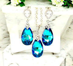 Blue Jewelry Set Necklace & Earrings  Jewelry Set Bridesmaid Jewelry Bermuda Blue Peacock Jewelry Bridal Wedding CZ Jewelry BB32JS