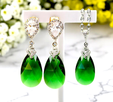 Green Earrings & Necklace Set Emerald Green Jewelry Bridesmaid Gift Jewelry Dark Green Earrings Emerald Holiday Jewelry DM32JS