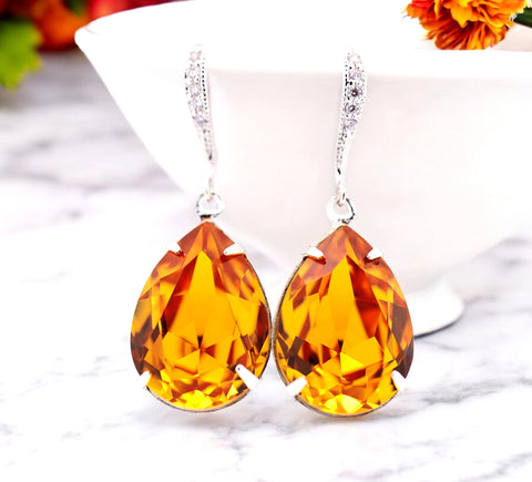 Topaz Earrings Crystal Earrings Pear Crystal Teardrop Earrings Dark Orange Sterling Silver Rhodium Plated Bridesmaid Earrings TO31H