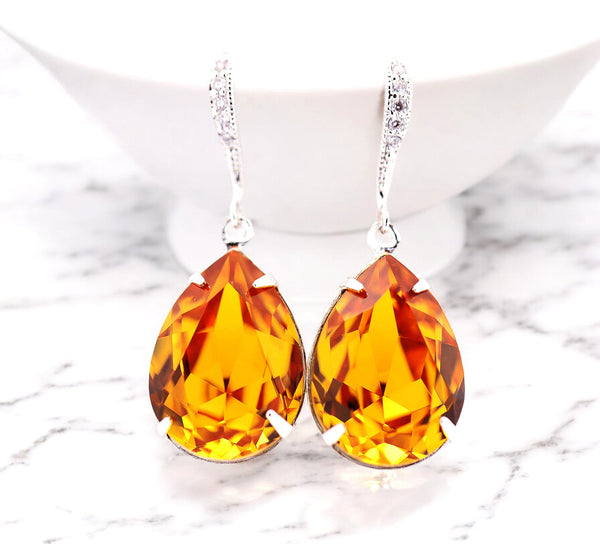 Topaz Earrings Crystal Earrings Pear Crystal Teardrop Earrings Dark Orange Sterling Silver Rhodium Plated Bridesmaid Earrings TO31H
