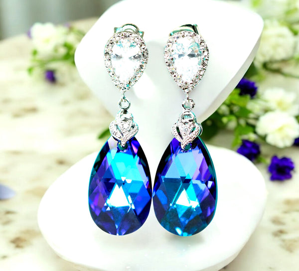 Purple Blue Jewelry Purple Earrings Pear Bridal Jewelry Crystal Earrings Peacock Earrings Bridesmaid Earrings Gift for Her Heliotrope HE32P