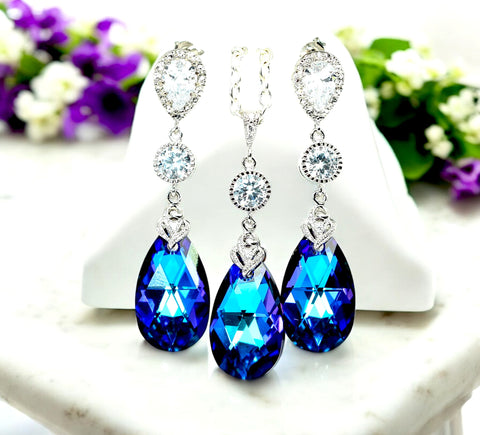Purple Earrings and Necklace Set Bridal Jewelry Beach Wedding Bridesmaid Gift Peacock Jewelry HE32JS
