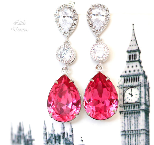 Hot Pink Earrings Fuchsia Earrings Pear Crystal Bridal Earrings Rose Pink Magenta Fuchsia Bridesmaids Pink Earrings RP31PC