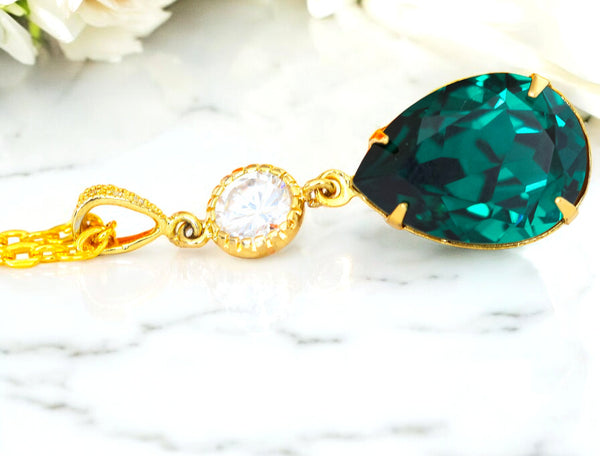 Emerald Gold Necklace Green Gold Necklace  Crystal Emerald Bridal Teardrop Necklace Bridesmaid Necklace Dark Green Necklace EM31N