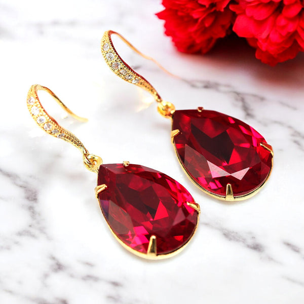 Red Gold Earrings Dark Red Earrings Deep Red Earrings Crimson Earrings Bridesmaids Earrings Sparkly Wedding Earrings SI31H