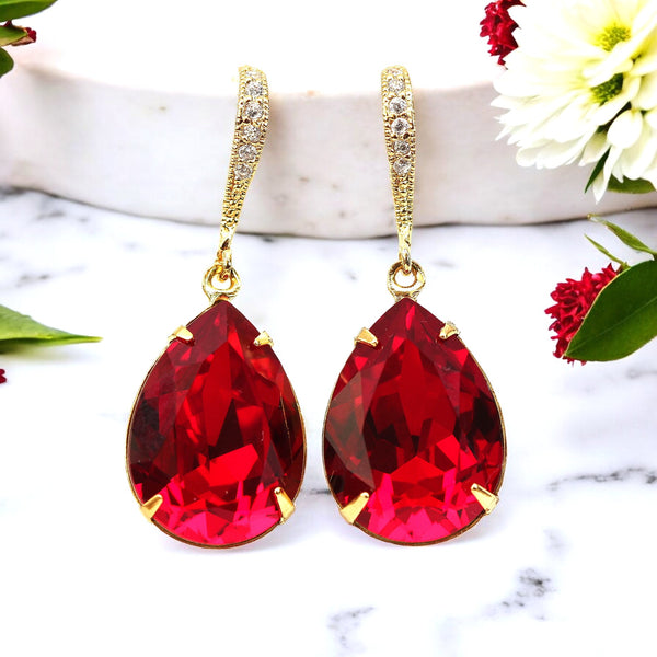 Red Gold Earrings Dark Red Earrings Deep Red Earrings Crimson Earrings Bridesmaids Earrings Sparkly Wedding Earrings SI31H
