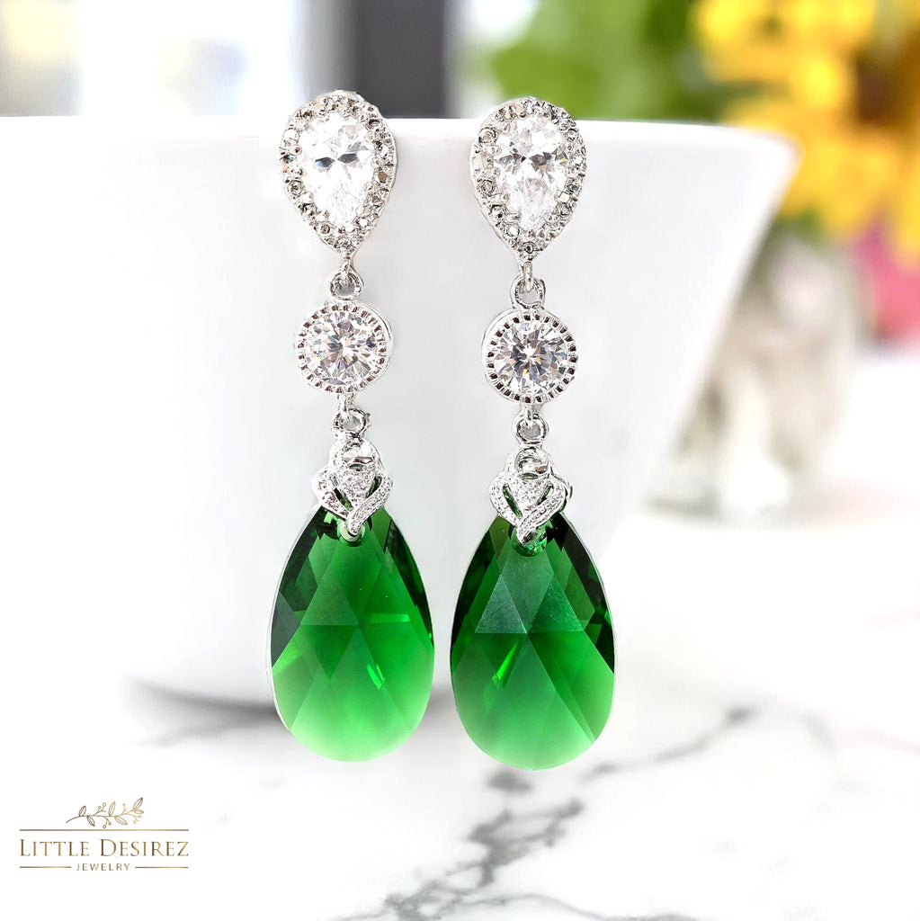 Green Earrings Emerald Earrings Bridal Earrings Long Crystal