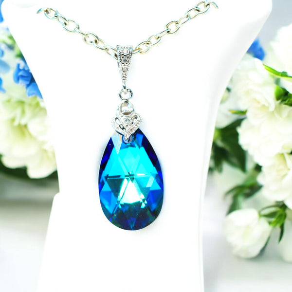 Bermuda Blue  Crystal Necklace Blue Necklace Bridal Necklace Bridesmaid Necklace Blue Bridal Pendant Teal Blue Necklace BB32N