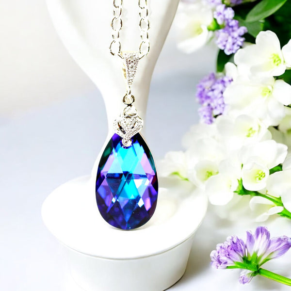 Purple Necklace Pear Bridal Jewelry Crystal Necklace Bridesmaid Gift Dainty Necklace Purple Blue Jewelry Peacock Wedding Gift for Her HE32N