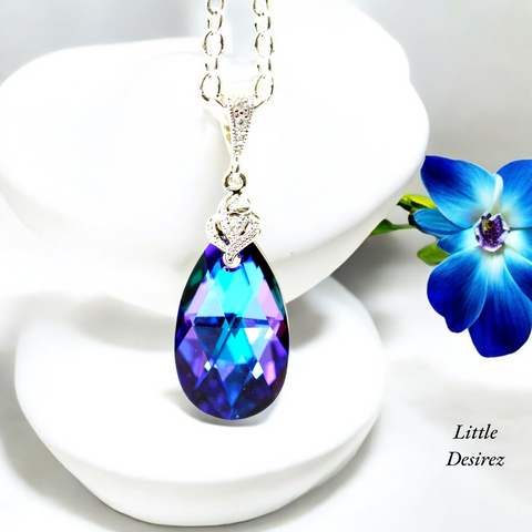Purple Necklace Pear Bridal Jewelry Crystal Necklace Bridesmaid Gift Dainty Necklace Purple Blue Jewelry Peacock Wedding Gift for Her HE32N