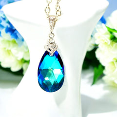 Bermuda Blue Crystal Teardrop Swarovski Crystal Necklace, Peacock Wedding Jewelry Pendant, Teardrop Bridesmaid Gift, Prom Jewelry BB32N
