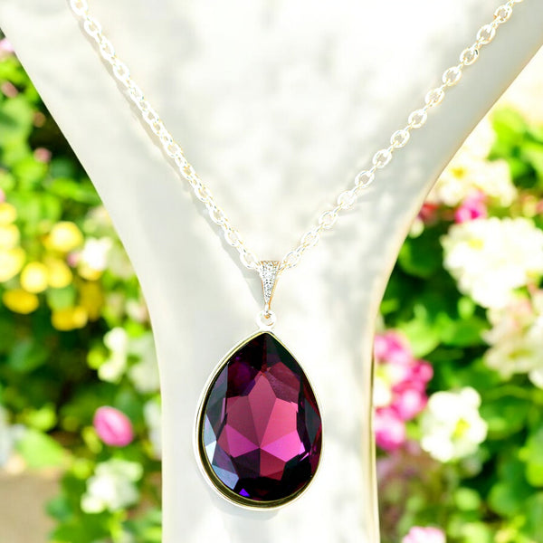 Purple Teardrop Necklace Crystal Amethyst Necklace Large Pendant Statement Necklace Bridesmaid Gift Bridal Wedding Jewelry AM42N