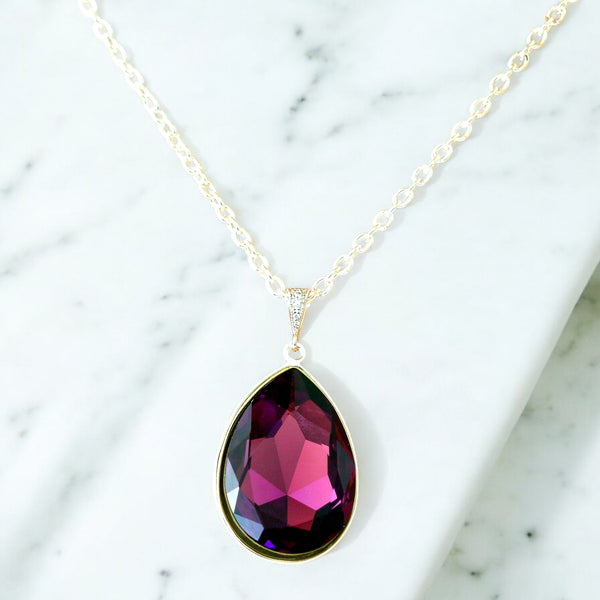 Purple Teardrop Necklace Crystal Amethyst Necklace Large Pendant Statement Necklace Bridesmaid Gift Bridal Wedding Jewelry AM42N