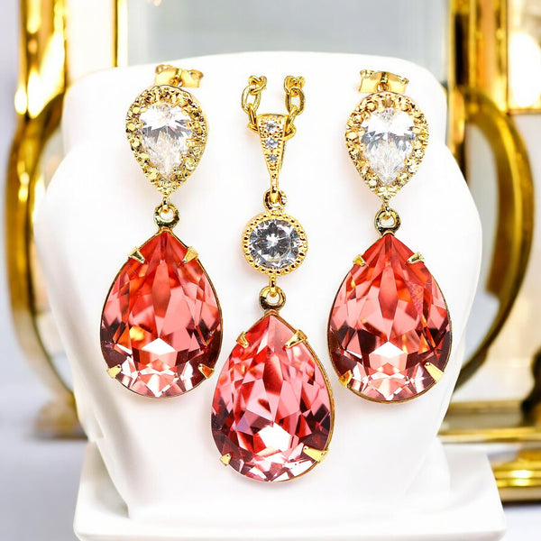 Coral Earrings & Necklace Set Peach Earrings 16k Gold Plated Bridesmaid Gift CO31JS