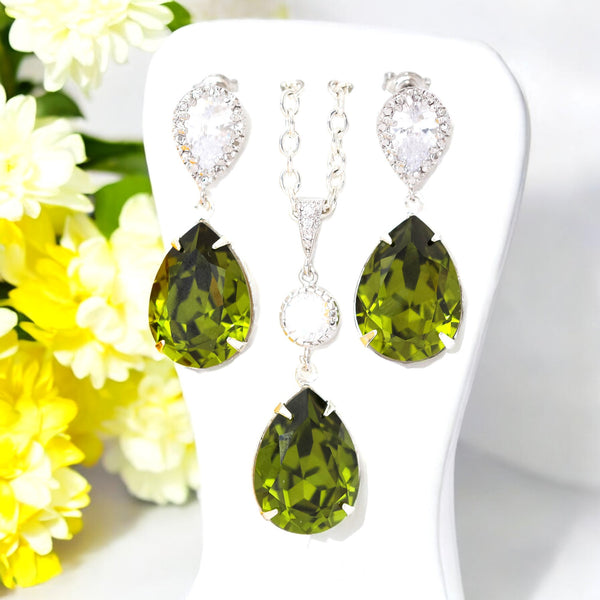 Olive Green Necklace  Crystal Olivine Green Bridesmaid Necklace Olive Necklace Bridal Necklace Wedding Pendant Necklace OG31N
