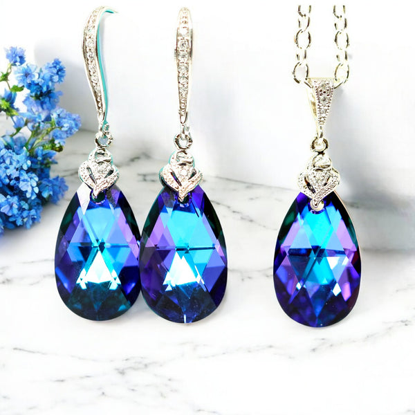 Purple Necklace Pear Bridal Jewelry Crystal Necklace Bridesmaid Gift Dainty Necklace Purple Blue Jewelry Peacock Wedding Gift for Her HE32N