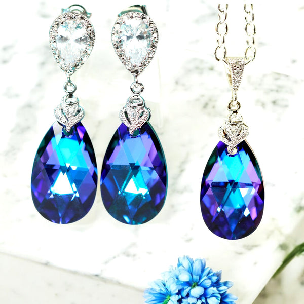 Purple Blue Jewelry Purple Earrings Pear Bridal Jewelry Crystal Earrings Peacock Earrings Bridesmaid Earrings Gift for Her Heliotrope HE32P