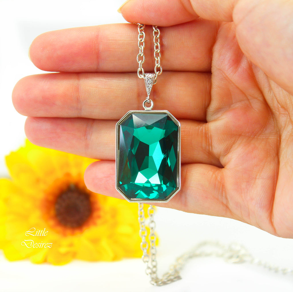 Emerald Green Crystal Necklace – Emerald Cut Pendant, Vintage