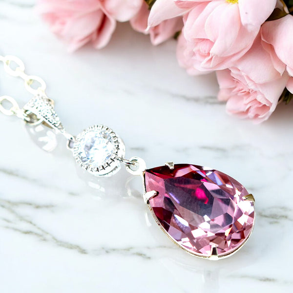 Blush Pink Necklace Bridesmaid Gift Crystal Antique Pink Light Pink Necklace Pastel Pink Necklace Vintage Pink Pendant BP31N