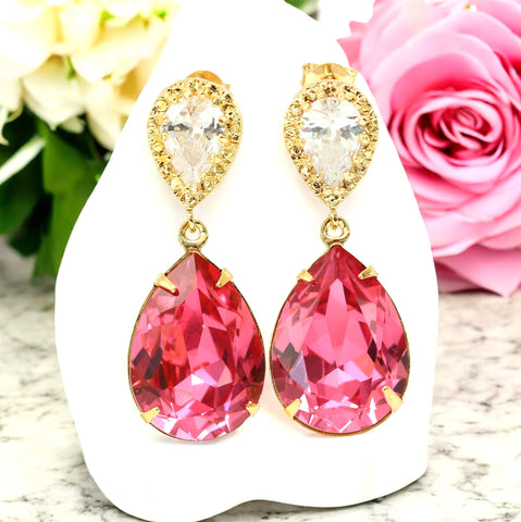 Pink Earrings Gold Earrings Fuchsia Earrings Hot Pink Earrings Crystal Cubic Zirconia 16k Gold Plated Magenta Earrings RP31P