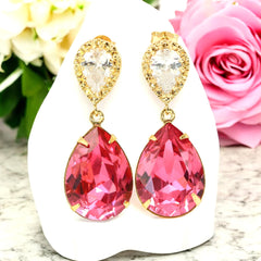 Pink Earrings Gold Earrings Fuchsia Earrings Hot Pink Earrings Crystal Cubic Zirconia 16k Gold Plated Magenta Earrings RP31P